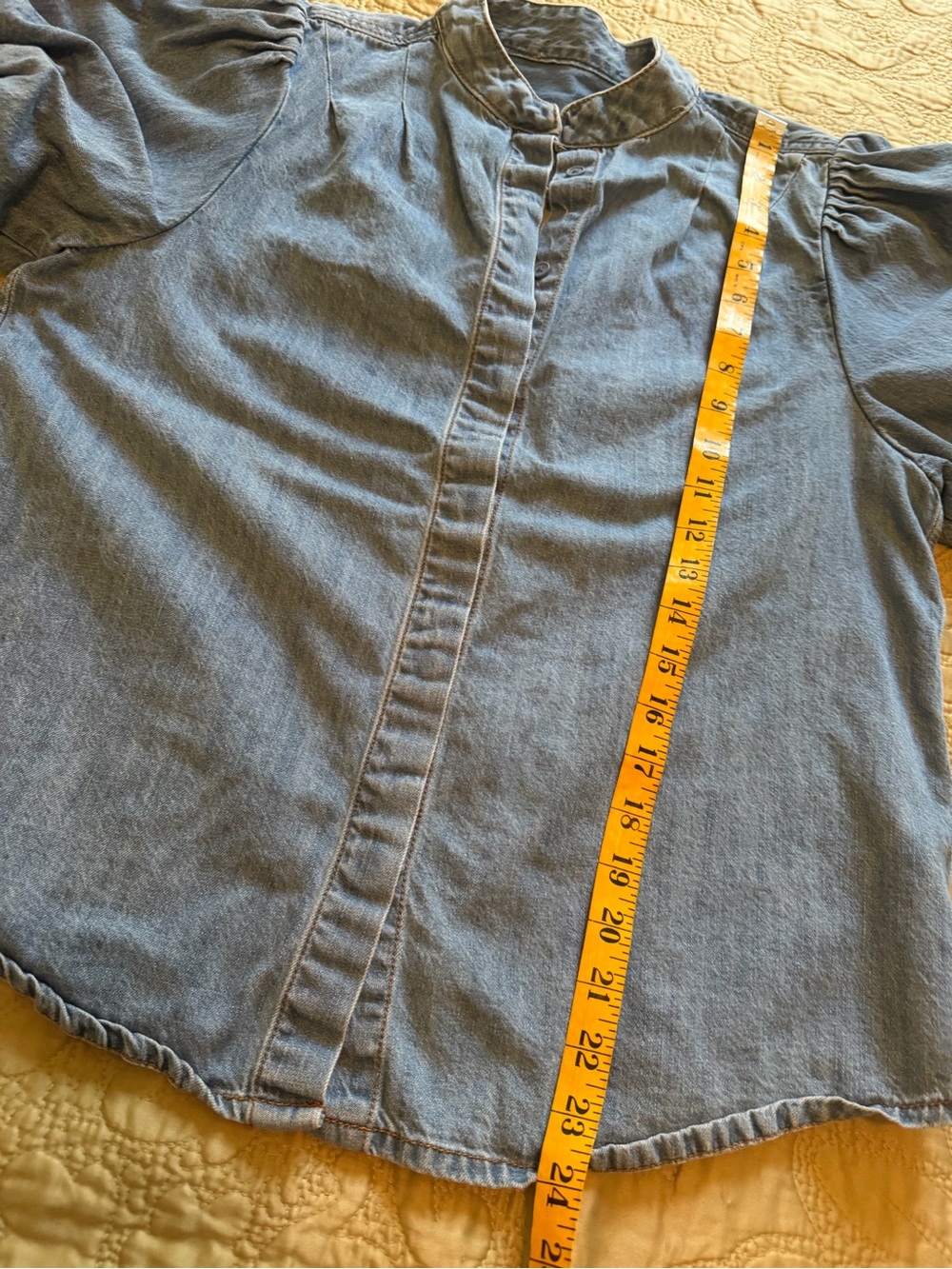 Denim Chambray Puff Sleeve Button Up Prairie Blouse Cottagecore Top - Picture 9 of 12